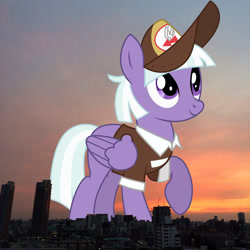 Size: 2048x2048 | Tagged: safe, artist:dragonchaser123, artist:jaredking779, derpibooru import, edit, appointed rounds, pegasus, pony, background pony, cap, clothes, female, folded wings, giant pony, giantess, hat, high res, irl, japan, macro, mailmare, mailmare hat, mare, photo, ponies in real life, raised hoof, raised leg, solo, tokyo, wings