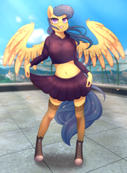 Size: 2252x3072 | Tagged: safe, artist:nanazdina, derpibooru import, oc, oc:aliya putri, anthro, anthro oc, bedroom eyes, clothes, commission, converse, female, ibispaint x, lidded eyes, midriff, rooftop, shoes, skirt, socks, solo, thigh highs