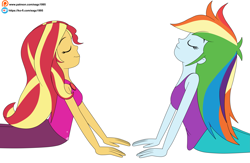 Size: 5479x3564 | Tagged: safe, artist:eagc7, derpibooru import, rainbow dash, sunset shimmer, better together, equestria girls, wake up!, wake up!: rainbow dash, bare shoulders, clothes, duo, duo female, facing each other, female, ko-fi, patreon, patreon reward, simple background, sleeveless, slim, tanktop, thin, white background, yoga