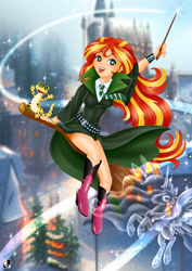 Size: 1000x1414 | Tagged: safe, artist:lord--opal, derpibooru import, princess celestia, ray, sunset shimmer, alicorn, gecko, human, pony, equestria girls, arms in the air, belt, boots, bracelet, broom, cloak, clothes, crossover, female, flying, harry potter (series), hogwarts, human coloration, jewelry, leopard gecko, magic wand, necktie, open mouth, open smile, patronus, raised arm, shoes, side saddle, slytherin, smiling, spiked wristband, tongue, tongue out, uniform, wristband