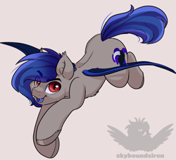 Size: 2200x2000 | Tagged: safe, artist:skyboundsiren, derpibooru import, oc, oc only, bat pony, pony, blue insides, chest fluff, commission, ear fluff, ears, fangs, full body, hooves, male, red eyes, signature, simple background, simple shading, slit eyes, solo, spine