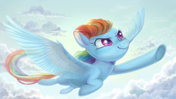 Size: 1920x1080 | Tagged: safe, artist:kisynya193, derpibooru import, rainbow dash, pegasus, pony, female, flying, mare, smiling, smirk, solo, spread wings, underhoof, wings