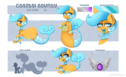 Size: 3000x1842 | Tagged: safe, artist:madelinne, derpibooru import, oc, oc only, sea pony, abdominal bulge, belly, belly button, blue insides, butt, chibi, fish tail, jewelry, large butt, long tongue, necklace, reference sheet, size comparison, tail, tongue, tongue out