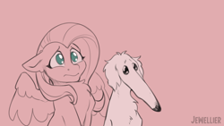 Size: 1280x720 | Tagged: safe, artist:jewellier, derpibooru import, fluttershy, dog, pegasus, pony, borzoi, bust, cute, didn't i do it for you, partial color, portrait, simple background, worried, youtube link