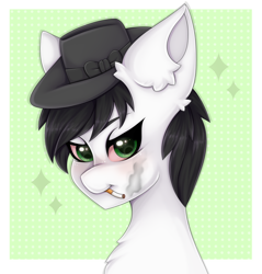 Size: 2200x2300 | Tagged: safe, artist:saltyvity, derpibooru import, oc, earth pony, pony, angry eyes, angry face, black hair, black hat (villainous), black mane, blushing, cigar, cigarette, commission, ear fluff, ears, fluffy, green background, green eyes, hat, simple background, smoking, solo, sparkles, white body