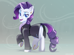 Size: 1600x1200 | Tagged: safe, artist:willoillo, derpibooru import, rarity, pony, unicorn, butt, clothes, coat, ear piercing, eyebrows, eyeshadow, looking at you, looking back, looking back at you, makeup, older, older rarity, open mouth, open smile, piercing, plot, rear view, rearity, scarf, signature, smiling, smiling at you, solo, trotting, winter