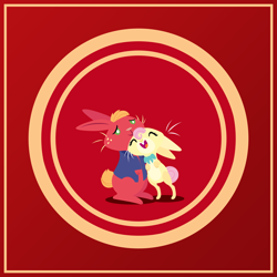 Size: 2160x2160 | Tagged: safe, anonymous artist, derpibooru import, big macintosh, fluttershy, rabbit, series:fm holidays, animal, bunnified, bunnyshy, chinese new year, clothes, cute, eyes closed, female, fluttermac, jacket, lineless, lunar new year, macabetes, male, no pupils, nuzzling, open mouth, open smile, ribbon, shipping, shyabetes, sitting, smiling, species swap, straight, tiptoe, year of the rabbit