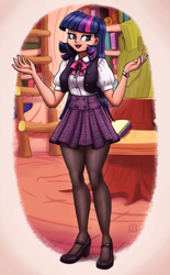 Size: 1460x2350 | Tagged: safe, artist:king-kakapo, derpibooru import, twilight sparkle, human, blouse, book, button-up shirt, clothes, female, golden oaks library, high heels, humanized, jewelry, librarian, library, mary janes, necklace, pantyhose, plaid skirt, ribbon bow tie, shirt, shoes, shrug, skirt, smug, solo, vest