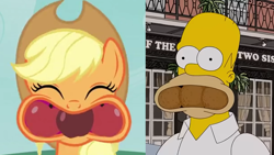 Size: 1280x720 | Tagged: safe, derpibooru import, edit, screencap, applejack, earth pony, human, pony, apple family reunion, apple, clothes, comparison, cute, food, food in mouth, homer simpson, jackabetes, meme, shirt, stetson, that's my pony, that's my x, the simpsons