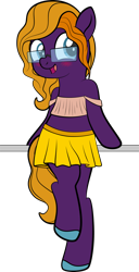 Size: 1280x2497 | Tagged: safe, artist:alexdti, derpibooru import, oc, oc only, oc:purple creativity, pegasus, pony, bipedal, blushing, clothes, glasses, simple background, skirt, solo, top, transparent background