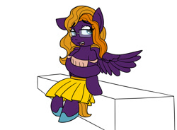 Size: 1280x944 | Tagged: safe, artist:thelunararmy, derpibooru import, oc, oc only, oc:purple creativity, pegasus, pony, clothes, simple background, skirt, solo, top, white background