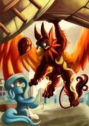 Size: 1237x1750 | Tagged: safe, artist:jamescorck, derpibooru import, oc, oc only, earth pony, griffon, pony, duo, earth pony oc, griffon oc