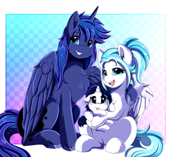 Size: 2746x2484 | Tagged: safe, artist:pridark, derpibooru import, oc, alicorn, pegasus, pony, unicorn, alicorn oc, canon x oc, chest fluff, ears, floppy ears, horn, parent:princess luna, pegasus oc, tongue, tongue out, unicorn oc, wings