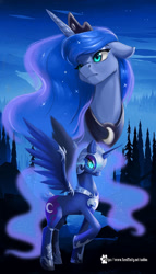 Size: 1451x2539 | Tagged: safe, artist:caddea, derpibooru import, nightmare moon, princess luna, alicorn, pony, armor, blue eyes, blue mane, cloud, colored pupils, crown, crying, digital art, ethereal mane, eyelashes, eyeshadow, female, flowing mane, flowing tail, forest, glowing, glowing eyes, horn, jewelry, lake, makeup, mare, night, peytral, raised hoof, raised leg, regalia, sky, solo, spread wings, starry mane, stars, tail, teary eyes, water, wing armor, wings