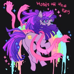 Size: 850x850 | Tagged: safe, alternate version, artist:batthsalts, derpibooru import, twilight sparkle, unicorn twilight, pony, unicorn, alternate cutie mark, black background, butt, butt tail, open mouth, plot, rainbow, simple background, solo