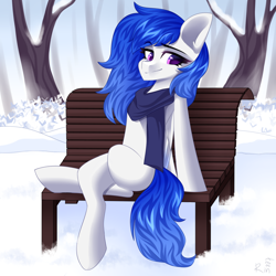 Size: 2000x2000 | Tagged: safe, artist:rinteen, derpibooru import, oc, oc only, pegasus, pony, bench, clothes, scarf, snow, solo, tree