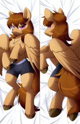 Size: 1100x1699 | Tagged: safe, artist:scarlet-spectrum, derpibooru import, oc, oc only, oc:talu gana, pegasus, pony, semi-anthro, body pillow, briefs, chest fluff, chin fluff, clothes, concave belly, fluffy, leg fluff, male, partially open wings, slim, solo, stallion, thin, underhoof, underwear, unshorn fetlocks, wings