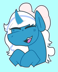 Size: 1467x1822 | Tagged: safe, artist:dragons163, derpibooru import, oc, oc only, oc:fleurbelle, alicorn, pony, alicorn oc, blue background, bow, eyes closed, female, hair bow, happy, horn, laughing, mare, simple background, solo, wings