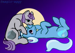 Size: 400x283 | Tagged: safe, artist:magic-aggy, derpibooru import, maud pie, trixie, earth pony, pony, unicorn, female, lesbian, looking at each other, looking at someone, lying down, mauxie, on back, shipping