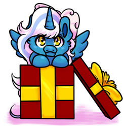 Size: 500x510 | Tagged: safe, artist:wildnature03, derpibooru import, oc, oc only, oc:fleurbelle, alicorn, pony, alicorn oc, bow, box, christmas presents, golden eyes, hair bow, horn, if i fits i sits, looking at you, present, simple background, solo, transparent background, wings