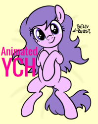 Size: 548x693 | Tagged: safe, artist:lannielona, derpibooru import, oc, oc only, earth pony, pony, advertisement, animated, bed, belly, bellyrubs, commission, eye shimmer, female, gif, hooves on belly, looking at you, lying down, mare, on back, smiling, solo, wingding eyes, ych animation, your character here