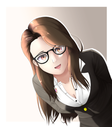 Size: 2800x3200 | Tagged: safe, artist:nihithebrony, derpibooru import, oc, oc only, oc:sonata, human, breasts, brown eyes, brown hair, cleavage, clothes, elements of justice, female, females only, glasses, humanized, humanized oc, lawyer, leaning, leaning forward, looking at you, open mouth, simple background, smiling, smiling at you, solo, suit, turnabout storm, unbuttoned