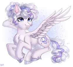 Size: 2700x2500 | Tagged: safe, artist:hakaina, derpibooru import, oc, pegasus, pony, abstract background, beautiful, beautiful eyes, cheek fluff, chest fluff, colored, concave belly, curly hair, curly mane, curly tail, cute, ear fluff, ears, fluffy, flying, frown, head turn, head turned, high res, hoof fluff, hooves, leg fluff, ocbetes, pegasus oc, raised hooves, raised leg, shading, signature, slim, solo, tail, thin, unamused, unshorn fetlocks, wing fluff, wings