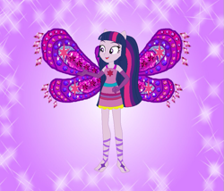 Size: 843x721 | Tagged: safe, artist:loladreamteam, artist:selenaede, artist:user15432, derpibooru import, twilight sparkle, twilight sparkle (alicorn), alicorn, human, equestria girls, alternate hairstyle, barefoot, barely eqg related, base used, clothes, colored wings, crossover, dress, enchantix, fairy, fairy wings, fairyized, feet, gloves, gradient wings, long hair, open mouth, ponied up, purple background, purple dress, purple wings, simple background, sparkly background, wings, winx, winx club, winxified