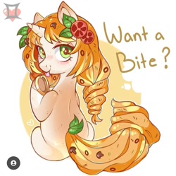 Size: 1079x1074 | Tagged: safe, artist:lbaby225, derpibooru import, food pony, original species, pizza pony, pony, unicorn, food, looking at you, looking back, looking back at you, pizza, ponified, solo, spine, tongue, tongue out, underhoof