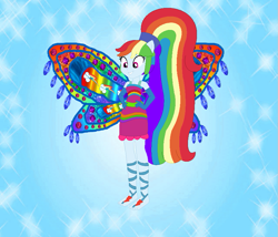 Size: 843x722 | Tagged: safe, artist:loladreamteam, artist:selenaede, artist:user15432, derpibooru import, rainbow dash, human, equestria girls, alternate hairstyle, barefoot, barely eqg related, base used, blue background, clothes, colored wings, crossover, dress, enchantix, fairy, fairy wings, fairyized, feet, gloves, gradient wings, hand on hip, long hair, multicolored wings, pink dress, ponied up, ponytail, rainbow dress, rainbow wings, simple background, smiling, sparkly background, wings, winx, winx club, winxified