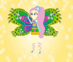 Size: 843x722 | Tagged: safe, artist:loladreamteam, artist:selenaede, artist:user15432, derpibooru import, fluttershy, human, equestria girls, alternate hairstyle, barefoot, barely eqg related, base used, clothes, colored wings, crossover, enchantix, fairy, fairy wings, fairyized, feet, gloves, gradient wings, long hair, peace sign, pink dress, ponied up, ponytail, simple background, smiling, sparkly background, wings, winx, winx club, winxified, yellow background, yellow wings