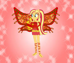Size: 842x722 | Tagged: safe, artist:loladreamteam, artist:selenaede, artist:user15432, derpibooru import, sunset shimmer, human, equestria girls, alternate hairstyle, barefoot, barely eqg related, base used, clothes, colored wings, crossover, dress, enchantix, fairy, fairy wings, fairyized, feet, gloves, gradient wings, hand on hip, long hair, ponied up, red background, red dress, red wings, simple background, smiling, sparkly background, wings, winx, winx club, winxified