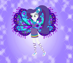 Size: 842x722 | Tagged: safe, artist:loladreamteam, artist:selenaede, artist:user15432, derpibooru import, rarity, human, equestria girls, alternate hairstyle, barefoot, barely eqg related, base used, clothes, colored wings, crossover, dress, enchantix, fairy, fairy wings, fairyized, feet, gloves, gradient wings, hand on hip, long hair, ponied up, ponytail, purple background, purple dress, purple wings, simple background, smiling, sparkly background, wings, winx, winx club, winxified