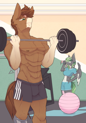 Size: 2800x4000 | Tagged: safe, artist:chapaevv, derpibooru import, part of a set, oc, oc only, oc:iron aegis, oc:jade stonesetter, anthro, breasts, clothes, commission, drinking, exercise ball, female, gym, gym shorts, gym uniform, male, male nipples, muscles, muscular male, nipples, nudity, partial nudity, sweat, sweatdrops, topless, weight lifting, weights