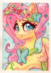 Size: 1471x2076 | Tagged: safe, artist:dandy, derpibooru import, fluttershy, butterfly, pegasus, pony, blushing, butterfly hairpin, clothes, cute, dress, ear fluff, ears, female, flower, flower in hair, gala dress, looking at you, mare, shyabetes, smiling, smiling at you, solo, traditional art, watercolor painting
