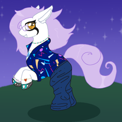Size: 500x500 | Tagged: safe, derpibooru import, oc, oc only, oc:mockery, earth pony, pony, amber eyes, bracelet, clothes, denim, digital art, earth pony oc, eyeliner, glasses, grass, grin, jeans, jewelry, long ears, looking at you, makeup, male, mane, necklace, night, night sky, pants, purple hair, purple mane, purple tail, rearing, round glasses, shadow, shirt, shoes, sky, smiling, solo, stallion, stars, tail, white fur