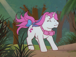 Size: 960x720 | Tagged: safe, derpibooru import, screencap, baby moondancer, pony, unicorn, escape from catrina, g1, my little pony 'n friends, baby, baby pony, bow, female, filly, foal, jewelry, necklace, solo, tail, tail bow