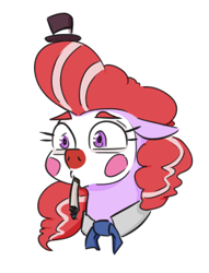 Size: 295x386 | Tagged: safe, artist:jargon scott, derpibooru import, oc, oc only, oc:clown pony, earth pony, pony, bust, cigarette, clown, clown makeup, ears, female, floppy ears, hat, mare, mouth hold, simple background, solo, tiny hat, top hat, white background