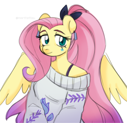 Size: 2064x2000 | Tagged: safe, artist:marthettau, derpibooru import, fluttershy, anthro, pegasus, alternate hairstyle, clothes, ear piercing, earring, female, high res, jewelry, mare, off shoulder, off shoulder sweater, piercing, ponytail, simple background, smiling, solo, sweater, white background