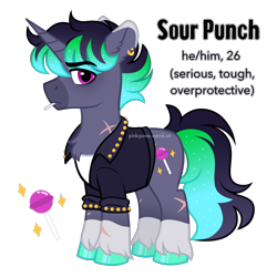 Size: 2300x2300 | Tagged: safe, artist:pink-pone, derpibooru import, oc, oc only, oc:sour punch, pony, unicorn, candy, chest fluff, clothes, coat markings, colored hooves, ear fluff, ear piercing, earring, ears, food, gradient mane, gradient tail, hoof polish, jacket, jewelry, lollipop, male, piercing, pronouns, scar, simple background, socks (coat marking), solo, stallion, standing, tail, transparent background, unshorn fetlocks