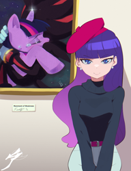 Size: 1000x1300 | Tagged: safe, artist:aetherionart, derpibooru import, rarity, twilight sparkle, human, pony, unicorn, alternate hairstyle, art gallery, beatnik rarity, beret, breasts, clothes, crossover, crossover shipping, crying, ear piercing, earring, female, hat, humanized, jewelry, looking at you, male, mare, piercing, shadow the hedgehog, shadtwi, shipping, solo, sonic the hedgehog (series), straight, sweater