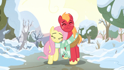 Size: 1920x1080 | Tagged: safe, derpibooru import, edit, edited screencap, screencap, big macintosh, fluttershy, earth pony, pegasus, pony, the perfect pear, blushing, character swap, clothes, cute, duo, eyes closed, female, fluttermac, height difference, macabetes, male, mare, scarf, shared clothing, shared scarf, shipping, shyabetes, smiling, snow, snowfall, stallion, straight, striped scarf, tree, walking, winter
