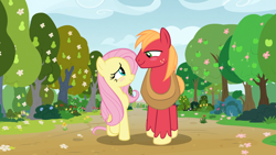 Size: 1920x1080 | Tagged: safe, derpibooru import, edit, edited screencap, screencap, big macintosh, fluttershy, earth pony, pegasus, pony, the perfect pear, apple, apple tree, blushing, character swap, duo, female, flower, fluttermac, height difference, looking at each other, looking at someone, male, mare, pear tree, shipping, smiling, smiling at each other, spring, stallion, straight, tree, walking