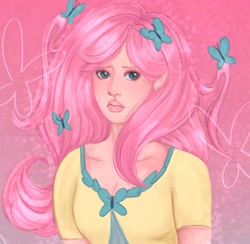 Size: 1852x1805 | Tagged: safe, artist:impishokuu, derpibooru import, fluttershy, butterfly, human, clothes, eyeshadow, female, humanized, lipstick, makeup, pink background, shirt, simple background, solo
