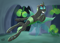 Size: 5500x4000 | Tagged: safe, alternate version, artist:evan555alpha, oc, oc only, oc:yvette (evan555alpha), changeling, ladybug, evan's daily buggo ii, action pose, broach, buzzing wings, cave, changeling egg, changeling hive, changeling oc, dorsal fin, egg, elytra, fangs, female, grin, jumping, missing accessory, painting, pointing, signature, smug, solo, spread wings, style emulation, toothy grin, ultrakill