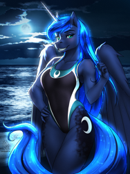 Size: 4500x6000 | Tagged: safe, artist:mykegreywolf, derpibooru import, princess luna, alicorn, anthro, beach, bedroom eyes, breasts, clothes, female, hand on hip, horn, leotard, looking at you, mare, moon, moonlight, night, one-piece swimsuit, solo, stupid sexy princess luna, swimsuit, wings