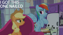 Size: 1920x1080 | Tagged: safe, derpibooru import, edit, edited screencap, editor:quoterific, screencap, applejack, rainbow dash, earth pony, pegasus, pony, non-compete clause, applejack is not amused, applejack's hat, boasting, clothes, cocky, confident, cowboy hat, duo, duo female, female, flying, freckles, frown, grin, hat, hoof on chest, looking at each other, looking at someone, mare, school of friendship, smiling, unamused