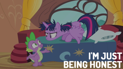 Size: 1920x1080 | Tagged: safe, derpibooru import, edit, edited screencap, editor:quoterific, screencap, spike, twilight sparkle, twilight sparkle (alicorn), alicorn, dragon, pony, inspiration manifestation, angry, bed, dishevelled, duo, duo male and female, female, frown, golden oaks library, male, mare, messy mane, pillow, shrug, smiling, twilight sparkle is not amused, unamused, window