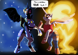Size: 2000x1400 | Tagged: safe, artist:scotchhideyoshi, derpibooru import, daybreaker, nightmare moon, princess celestia, princess luna, alicorn, human, pony, clothes, commission, dialogue, duo, ethereal mane, female, human to pony, looking at each other, looking at someone, male to female, mane of fire, mid-transformation, royal sisters, rule 63, siblings, sisters, species swap, speech bubble, starry mane, starry tail, tail, tail of fire, torn clothes, transformation, transgender, transgender transformation
