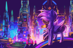 Size: 4000x2667 | Tagged: safe, artist:shad0w-galaxy, derpibooru import, oc, oc only, oc:shadow galaxy, pegasus, pony, background, chest fluff, city, cyberpunk, ethereal mane, female, folded wings, high res, hooves, looking away, mare, neon, solo, starry eyes, starry mane, unshorn fetlocks, wingding eyes, wings